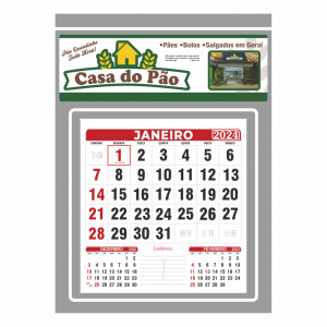 Calendário de Parede - c/ Bloco de Calendário Supremo 300g 27x20 cm 4x0 Verniz U.V Total Frente Furo 5mm e Ilhós + Bloco 12 meses 